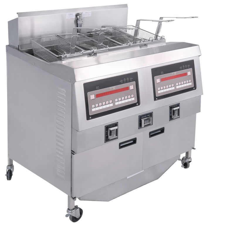 Painel de computador digital Dois potes Quatro cestos Máquina de fritura automática GAS Fritadora aberta